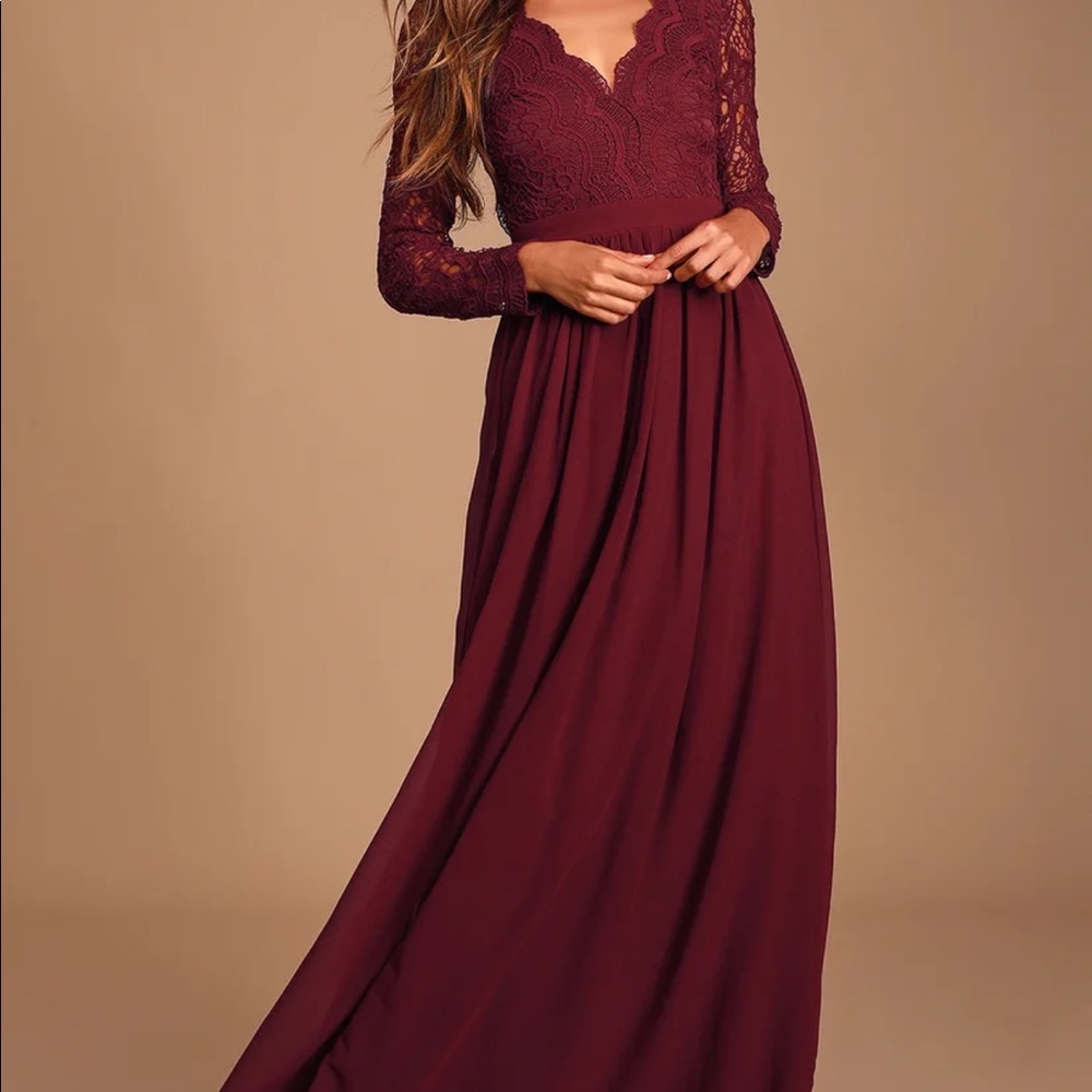 Awaken My Love Burgundy Long Sleeve Lace Maxi Dress